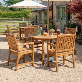 Helena Outdoor Round Solid Acacia Wood Dining Table with 4 Armchairs in Brown