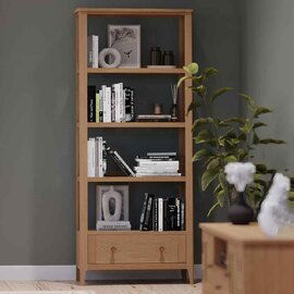 Helvane Solid Wood Bookcase with 4 Shelves in Oak