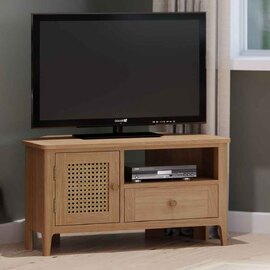 Helvane Solid Wood Corner TV Stand with 1 Door 1 Drawer in Oak