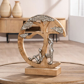 Henviro Mango Wood Couple Under A Tree Sculpture in Natural and Silver