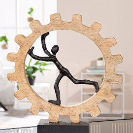 Henviro Mango Wood Gear Wheel Sculpture in Natural and Black