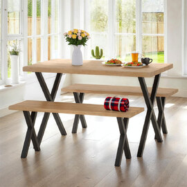 Henvrio Wooden Dining Table with 2 Benches in Light Oak and Black
