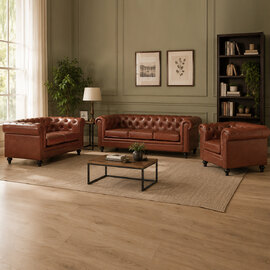 Hertford Chesterfield Faux Leather 3+2+1 Seater Sofa Set in Tan