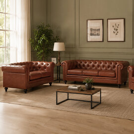 Hertford Chesterfield Faux Leather 3+2 Seater Sofa Set in Tan