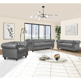 Hertford Chesterfield Faux Leather 3+2+1 Sofa Set In Vintage Grey