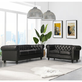 Hertford Chesterfield Faux Leather 3+2 Seater Sofa Set In Black