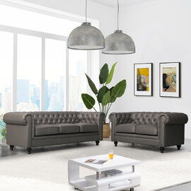 Hertford Chesterfield Faux Leather 3+2 Seater Sofa Set In Dark Grey
