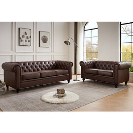 Hertford Chesterfield Faux Leather 3+2 Seater Sofa Set In Dark Brown