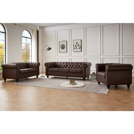 Hertford Chesterfield Faux Leather 3+2+1 Seater Sofa Set In Dark Brown