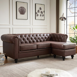 Hertford Chesterfield Faux Leather L Shaped Corner Sofa In Dark Brown