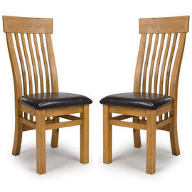 Hewitt Oak Wooden Slat Dining Chairs With Black Leather Seat In Pair