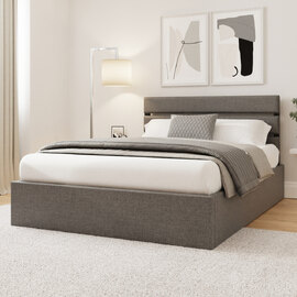 Hickory Fabric Ottoman Storage Double Bed In Grey