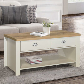 Highland Wooden Coffee Table With 2 Drawers In Cream And Oak
