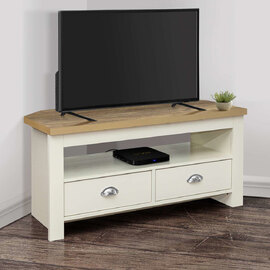 Highland Wooden Corner TV Stand With 2 Drawers In Cream And Oak