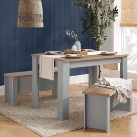 Highland Wooden Dining Set with 2 Benches Set in Grey and Oak