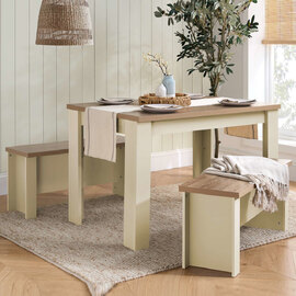 Highland Wooden Dining Table with 2 Benches in Cream and Oak