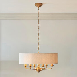 Hixson 6 Light Natural Fabric Pendant Ceiling Light In Brass