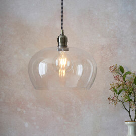 Hixson Medium Clear Glass Pendant Ceiling Light In Antique Brass