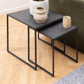 Ibiza Wooden Nest Of 2 Tables In Black Izmir Marble Effect