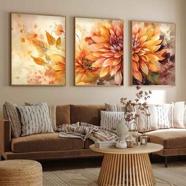 Impressionist Wooden 20x30cm Golden Dahlia Art of Frame Set of 3 in Multicolour
