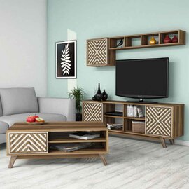 Inci Wooden Entertainment Unit and Coffee Table Set in Walnut and Cream