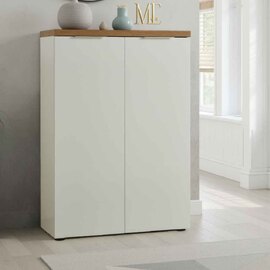 Inverness High Gloss Shoe Cabinet With 2 Doors And Oak Top In White