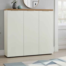 Inverness High Gloss Shoe Cabinet With 3 Doors And Oak Top In White