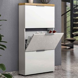 Inverness High Gloss Shoe Cabinet With 3 Flaps And Oak Top In White
