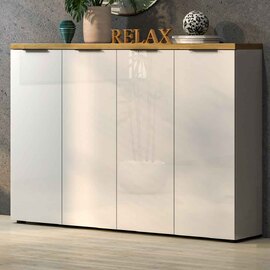 Inverness High Gloss Shoe Cabinet With 4 Doors And Oak Top In White