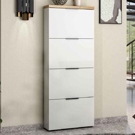 Inverness High Gloss Shoe Cabinet With 4 Flaps And Oak Top In White