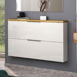 Inverness High Gloss Wall Hung Shoe Cabinet With 2 Flaps In White And Oak