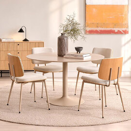 Ionia Beige Wooden Dining Table with 4 Owasso Fabric Beige Chairs