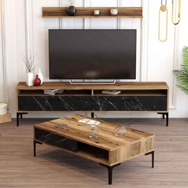 Istanbul Wooden Entertainment Unit and Coffee Table Set in Walnut and Black Marble Effect