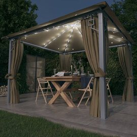 Ivan 3m x 3m Gazebo With Taupe Curtain And LED Lights