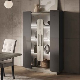 Avora High Gloss Display Cabinet with 2 Doors in Dark Grey Pine and LED