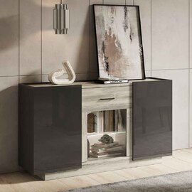 Avora High Gloss Sideboard with 3 Doors in Dark Grey Pine and LED