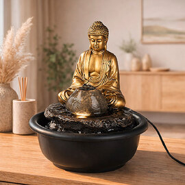 Jarlon Synthetic Resin Table Fountain Buddha Samadhi Sculpture in Gold and Brown