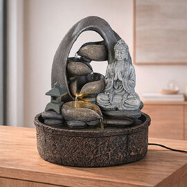 Jarlon Synthetic Resin Table Fountain Buddha Samadhi Sculpture in Grey and Antique