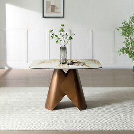 Jarsen Small White Pandora Classico Ceramic Top Dining Table with Brass Base