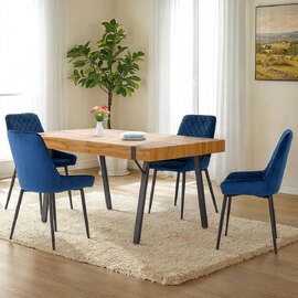 Jenlora Light Oak Wooden Dining Table with 4 Avah Sapphire Blue Chairs