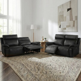 Jerion Leather Electric Recliner 3+2 Seater Sofa Set in Black