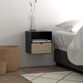 Jicama Metal Wall Hung Bedside Cabinet In Matt Black And Oak