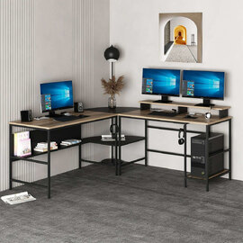 Jomix Wooden Corner Gaming Computer Desk with 2 Shelf and LED in Dore Black