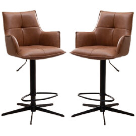 Joplin Tan PU Leather Bar Chairs With Metal Base In Pair