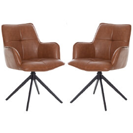 Joplin Tan PU Leather Dining Chairs With Metal Base In Pair