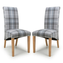 Kaduna Check Grey Fabric Dining Chairs With Oak Legs In Pair