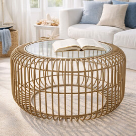 Kaelis Glass Top Coffee Table with Beige Metal Frame