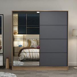 Kale H190cm Wooden Sliding Mirror Wardrobe with 2 Doors in Oak and Anthracite