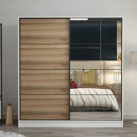 Kale H190cm Wooden Sliding Mirror Wardrobe with 2 Doors in White and Oak
