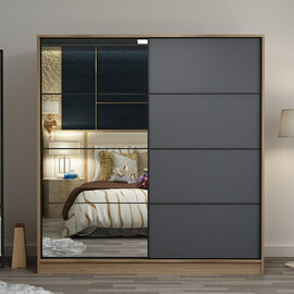 Kale H210cm Wooden Sliding Mirror Wardrobe with 2 Doors in Oak and Anthracite